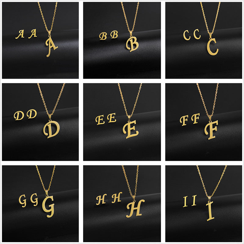 Wholesale Stainless Steel 26 Letter Necklace Earrings Two Piece Set