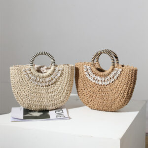 Wholesale Handmade Straw Woven Bags in The Shape of Semi-circular Shells