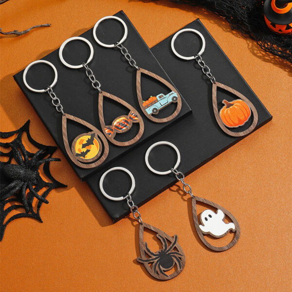 Wholesale Halloween Ghost Bat Pumpkin Candy Water Drop Wooden Keychain