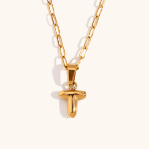 Mini bubble letter paper clip chain necklace-Gold-T