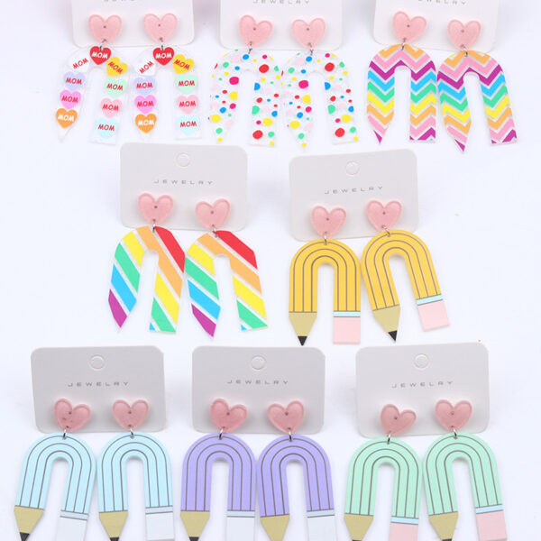 Wholesale Teacher's Day Pencil Stripe Heart Acrylic Earrings