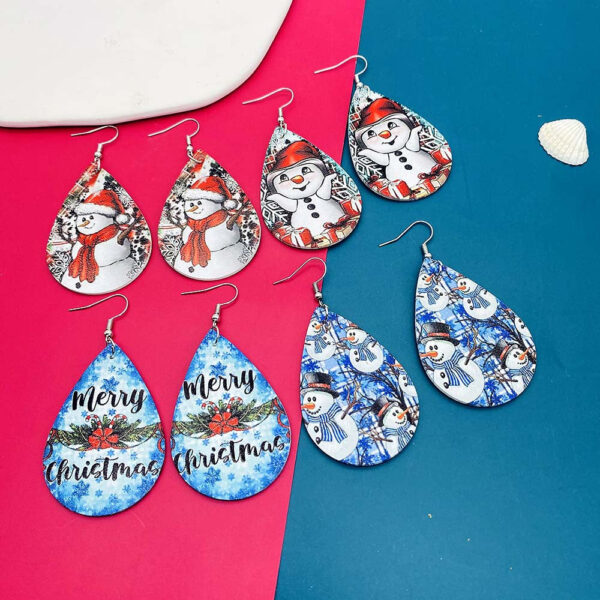 Wholesale Christmas Snowman Snowflake Double Sided Printed Droplet Leather Earrings