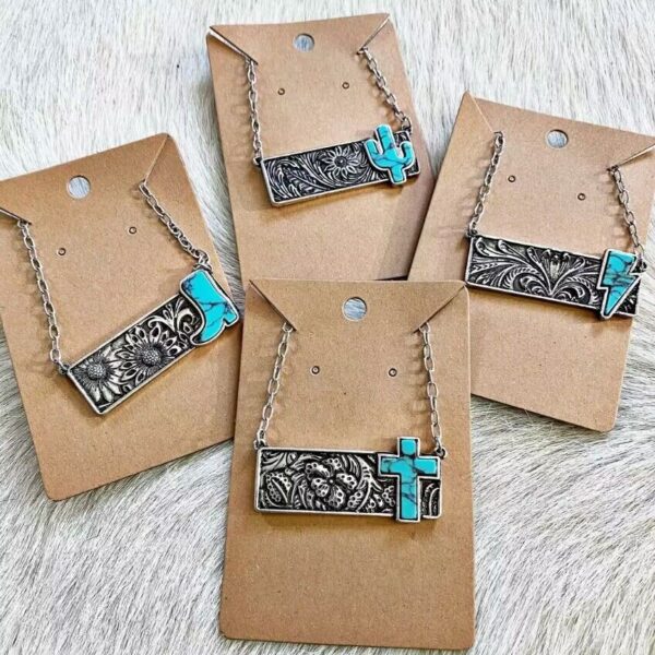 Wholesale Vintage Square Turquoise Cactus Lightning Cross Cowboy Boots Necklace