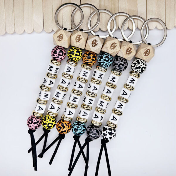Wholesale MAMA Mother's Day Leopard Wood Bead Keychain