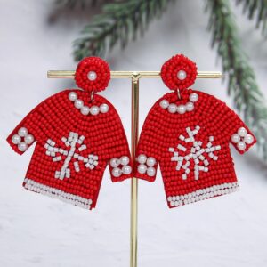 1 pair red sweater snowflake pattern rice beads earrings