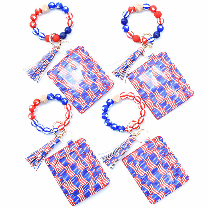Wholesale American Independence Day PU Card Holder Ladies Coin Purse Wrist Keychain