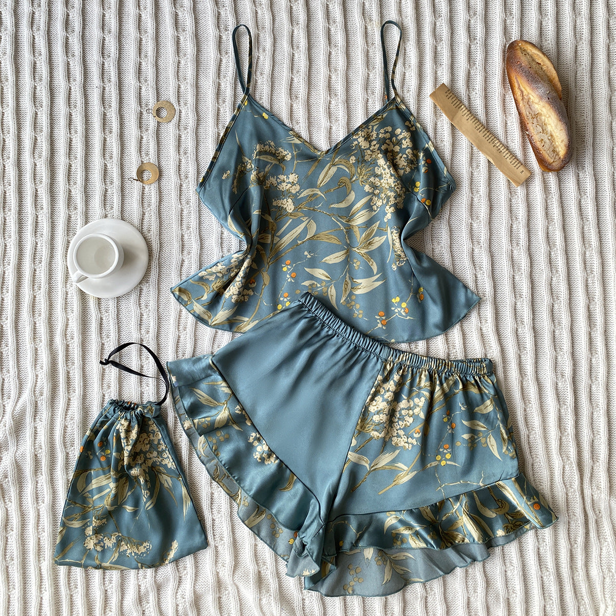 Wholesale Simulation Silk Printed Pajama Two-piece Set