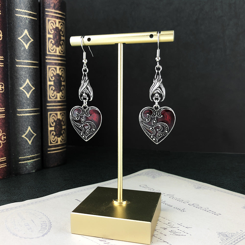 Wholesale Alloy Gothic Style Black Bat ipping Oil Heart Shape Pattern Earrings