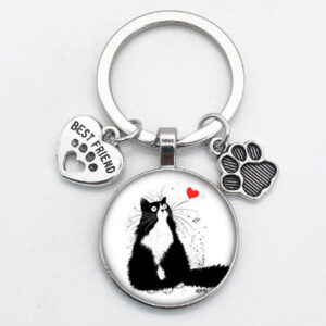 Wholesale Love Cat Pet Footprints Dog Glass Convex Round Metal Keychains