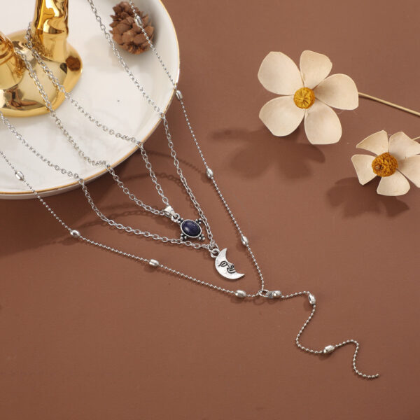 Wholesale Black Gemstone Moon Face Zinc Alloy Long Chain 3 Layer Necklace