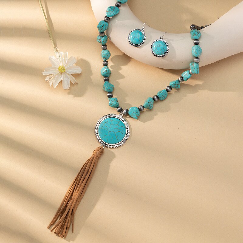 Wholesale Jewelry Vintage Round Turquoise Pendant Hanging Ornaments Korean Veet Necklace Earrings