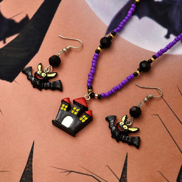 Wholesale Halloween Rice Beads Dark Castle Bat Earrings Necklace Set