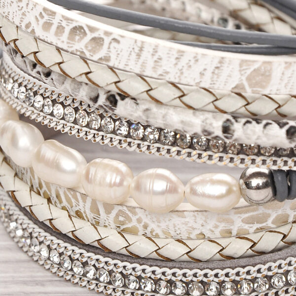 Wholesale Freshwater Pearl Cowhide Rope Bracelet with Diamond Multi-layer Magnet Buckle
