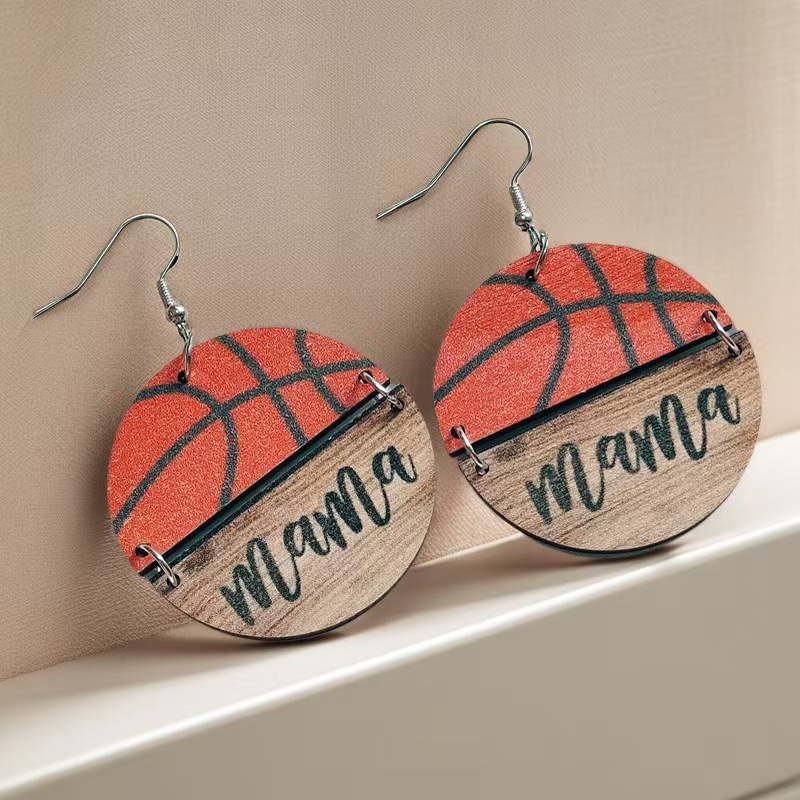 Wholesale Mother's Day wooden earrings Srts softball basketball wooden round earrings
