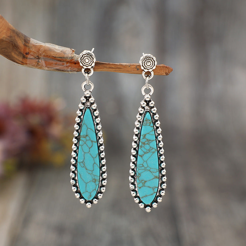 Wholesale Bohemian Retro Style Long Exaerated Inlaid Turquoise Alloy Earrings