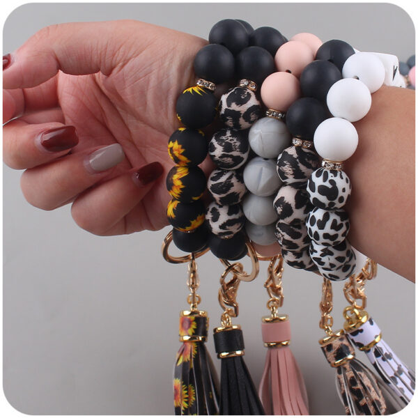 Wholesale Silicone Leopard Print Beaded Wrist Keychain