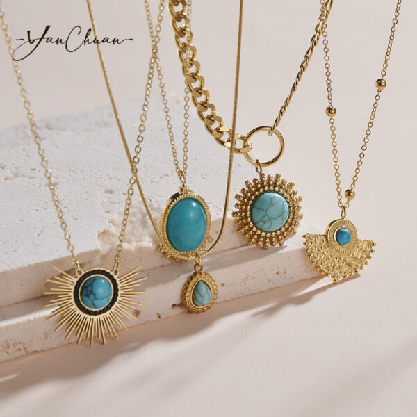 O1CN01CmRhop1v0tKNxT7N9_2212884106111-0-cib Wholesale Titanium Steel Sunflower Turquoise Pendant Necklace