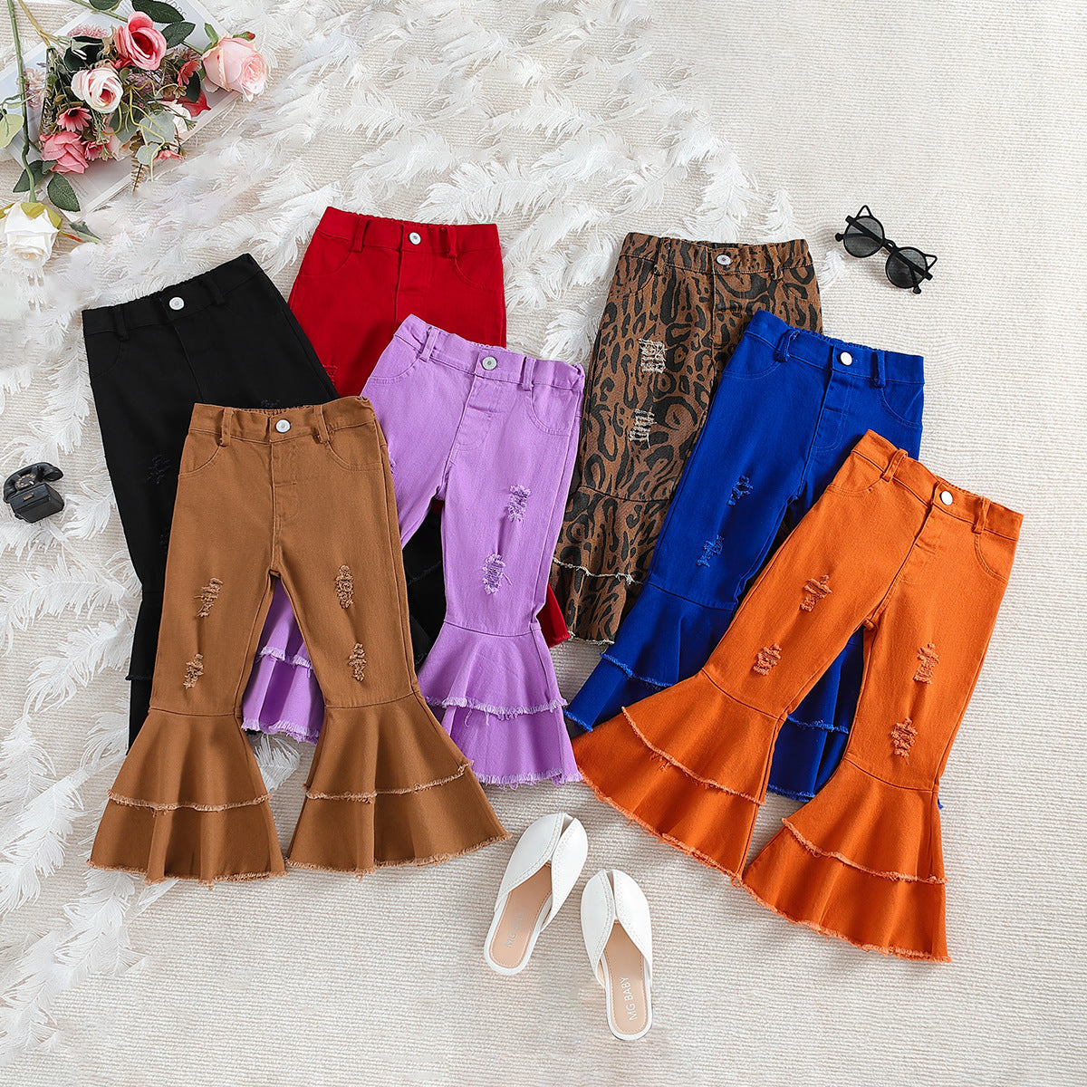 Wholesale lyester Chilen's Solid Color Denim Bell Bottoms