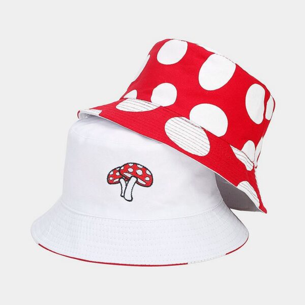 O1CN01D32yX12AbGthR0jJ4_2496528221-0-cib Wholesale Cotton Red and White Mushroom Pattern Reversible Bucket Hat