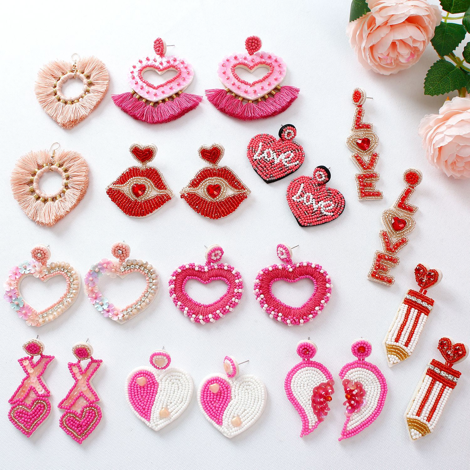 Wholesale Bohemian Exaggerated Retro Heart-shaped Ethnic Rice Beads Earrings Wholesale Handmade Tassel Love Valentine's Day Earrings