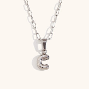 Mini bubble letter paper clip chain necklace-Silver-C