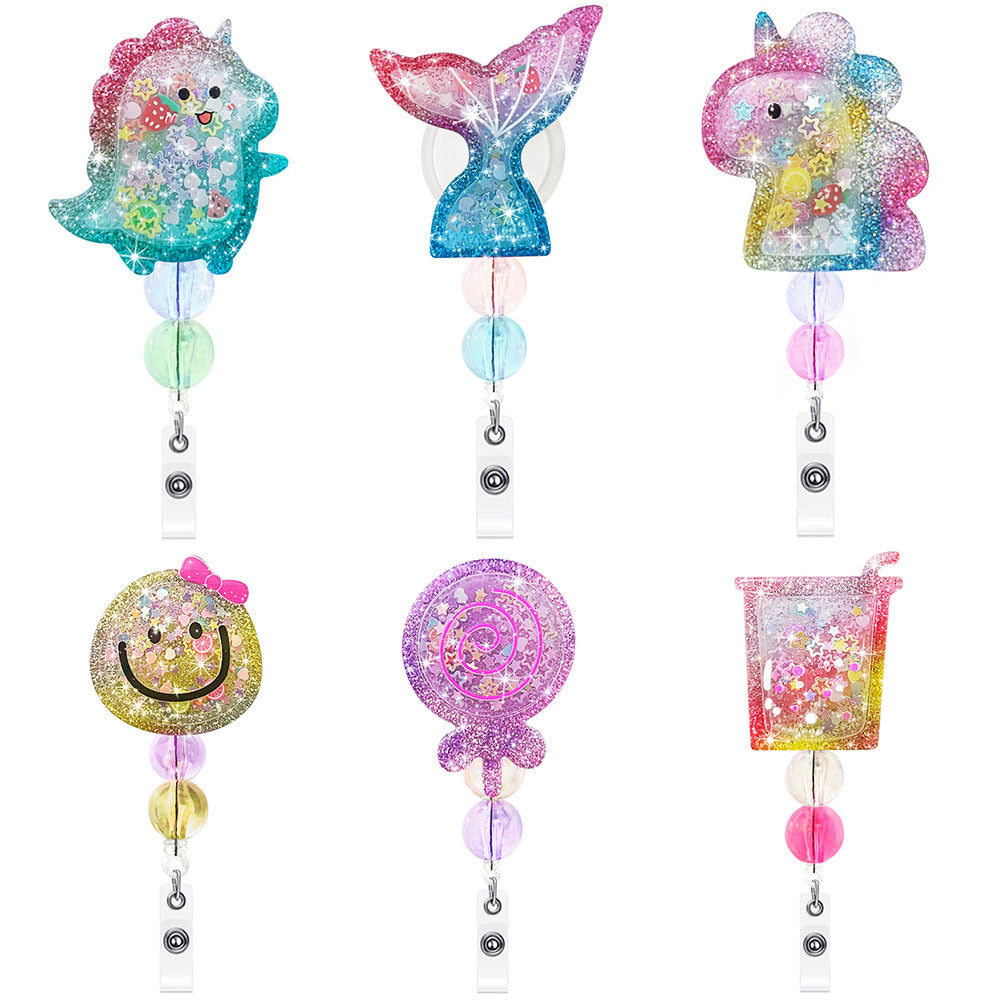 Wholesale Flowing Sand Beaded Dinosaur Smiling Face Milk Tea C Emblem Scroll Retractable Plastic Keychain