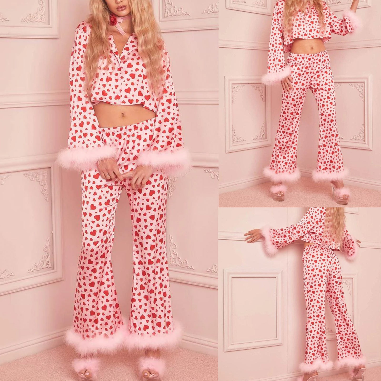Wholesale Valentine's Day lyester Exsed Navel Print Casual Set Pajamas