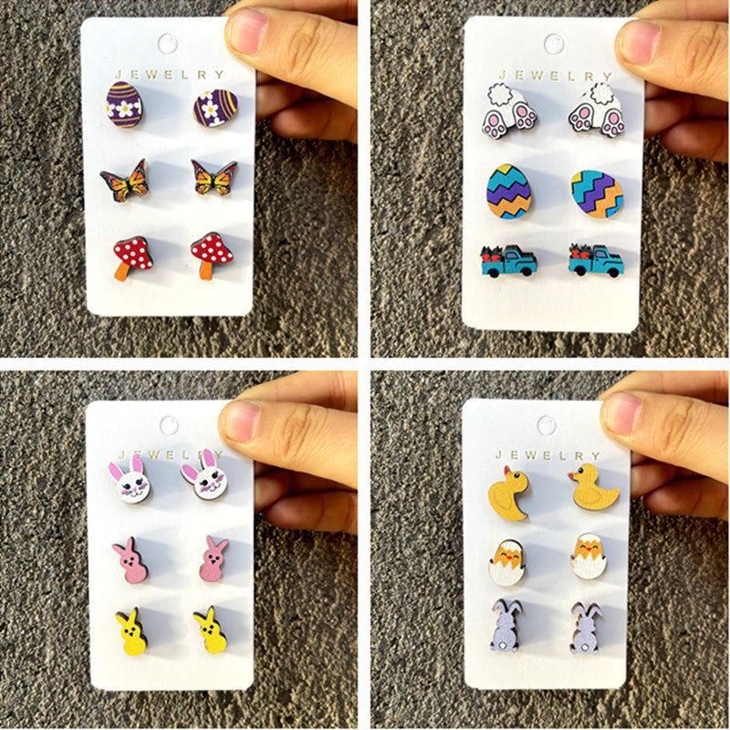 Wholesale Easter E Cartoon Cute Wooden Earring Set