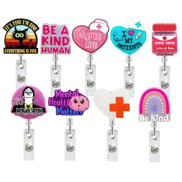 Wholesale Badge Reels Glitter Love Rainbow Medicine Bottle Badge Scroll ABS Retractable Keychain