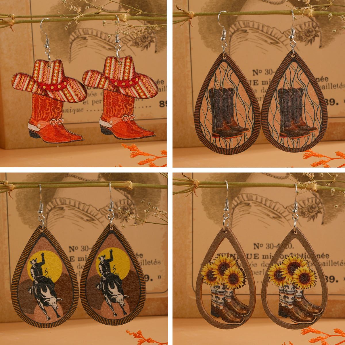 Wholesale Western Cowboy Boots Hat Tearop Shape Wooden Earrings
