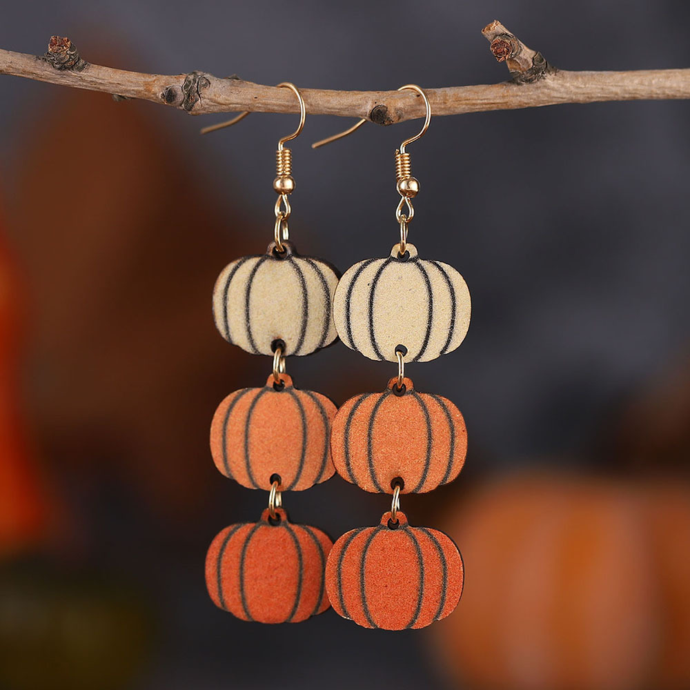 Wholesale Thanksgiving Tricolor Pumpkin Three-Piece Pendant Earrings, Wooden Double-Sided Earrings, Women's Party Gift