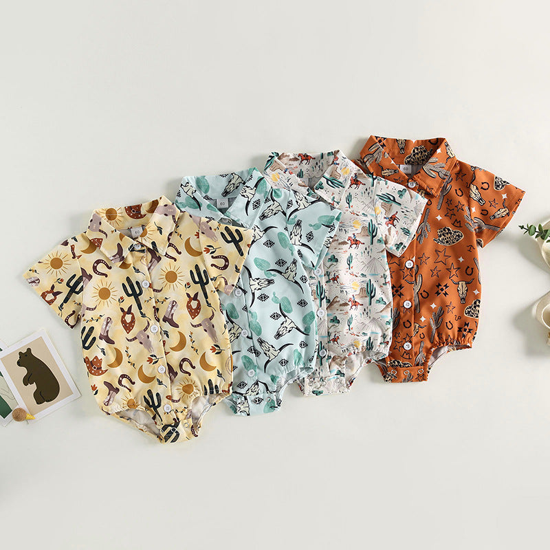 Wholesale Cotton Boys Shirt Aztec Western Style Denim Cactus Jumpsuit