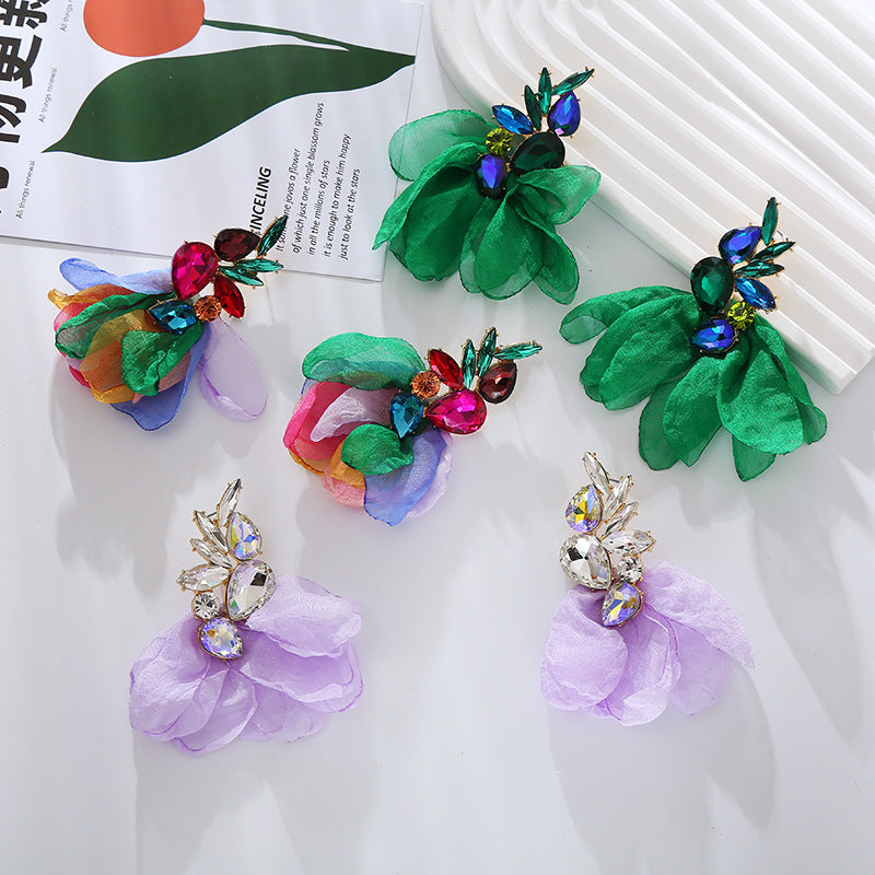 Wholesale Mesh Flower Alloy Diamond Long Tassel Earrings