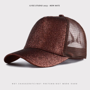 Solid color sequins back open ponytail net cap brown / Adjustable