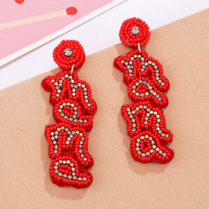 "a pair of red english ""mama"" rice bead earrings"
