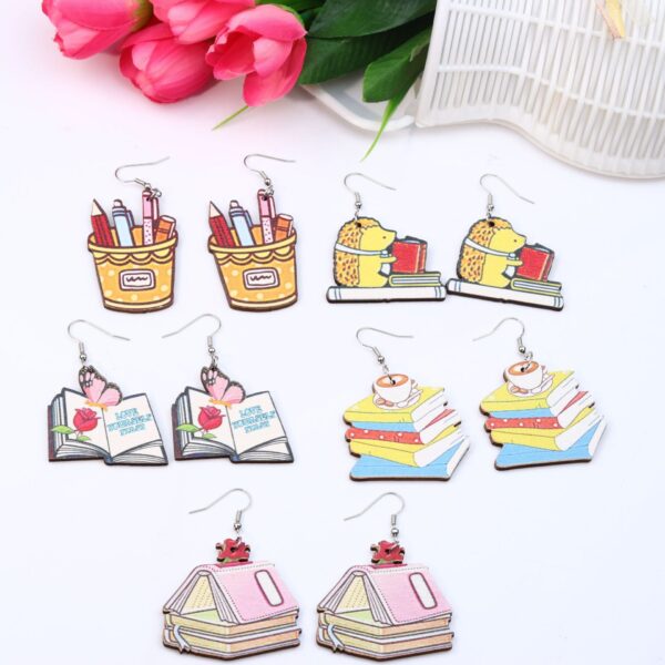 Wholesale Teacher's Day Wood Printing Pencil Book Ear Studs