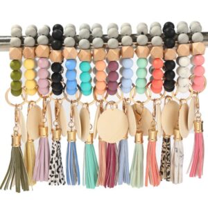 Wholesale Blank Wooden Brand Fringed Silicone Beads Wrist Key Chain