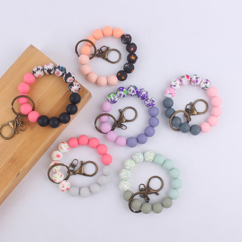 Wholesale Color Printing Silicone Handmade Beaded Wrist Keychain