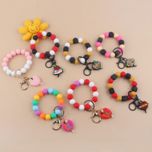 Wholesale Cartoon Apple Teacher Pencil Silicone Beaded Wrist Keychain