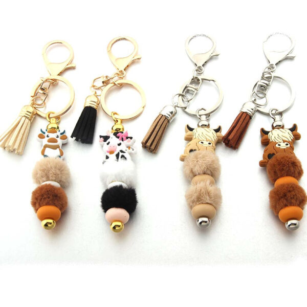 Wholesale Silicone Beads Wool Ball Beaded Cartoon Cow Keychain