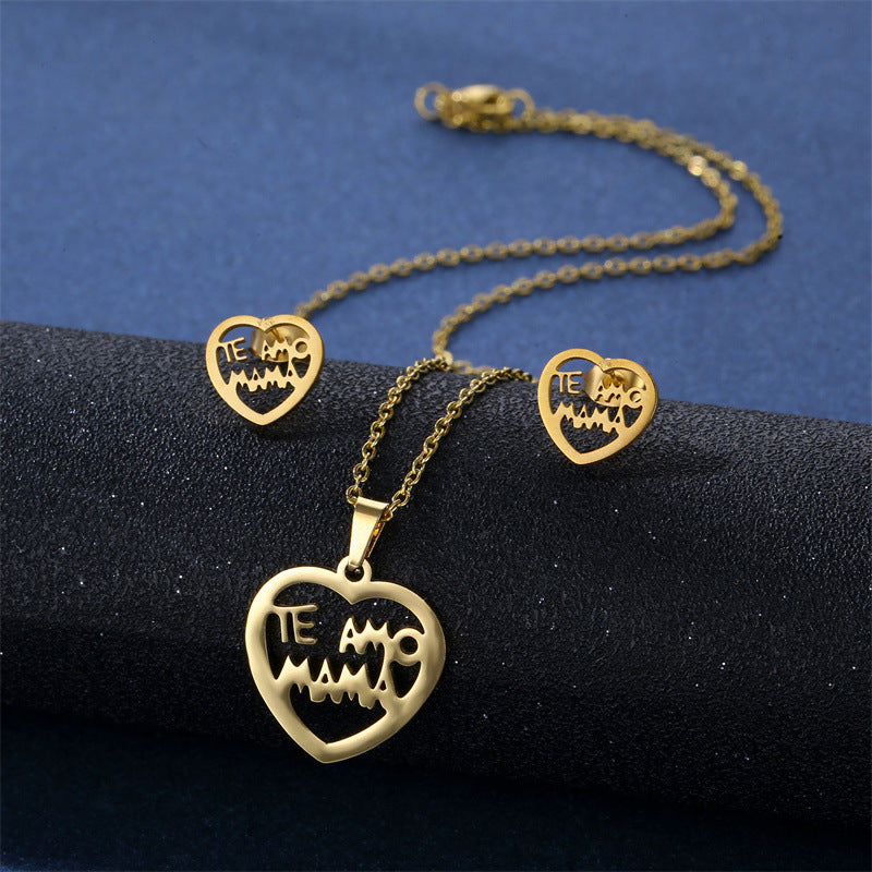 Wholesale Mother's Day Gift Hollow Glossy MOMO Heart Pendant Necklace Earrings Set