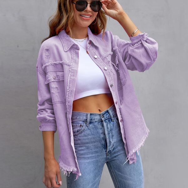 Wholesale Solid Color Medium Length Ripped Long Sleeve Denim Jacket
