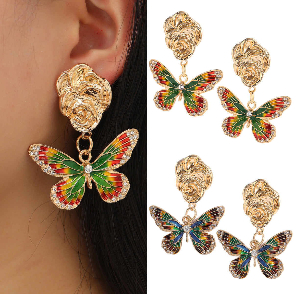 Wholesale Alloy Oil op Diamond Color Matching Butterfly Earrings