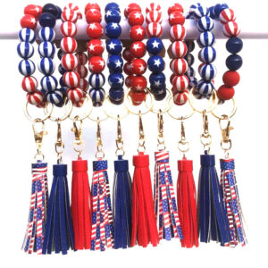 Wholesale Independence Day Wooden Beads Beaded Wrist Keychain