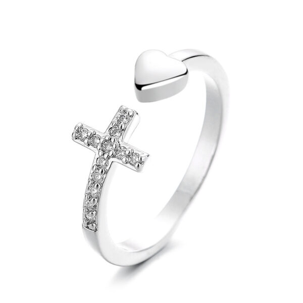 Wholesale Diamond Inlaid Cross Heart Opening Copper Ring