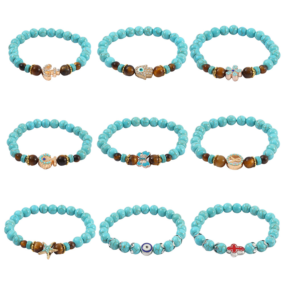 Wholesale 8mm Turquoise Cross Natural Stone Beaded Vintage Tiger Eye Bracelet Set