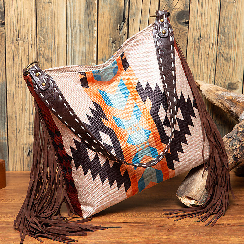 Wholesale Cotton Linen Aztec Pattern Hand Woven Tassel Shoulder Bag