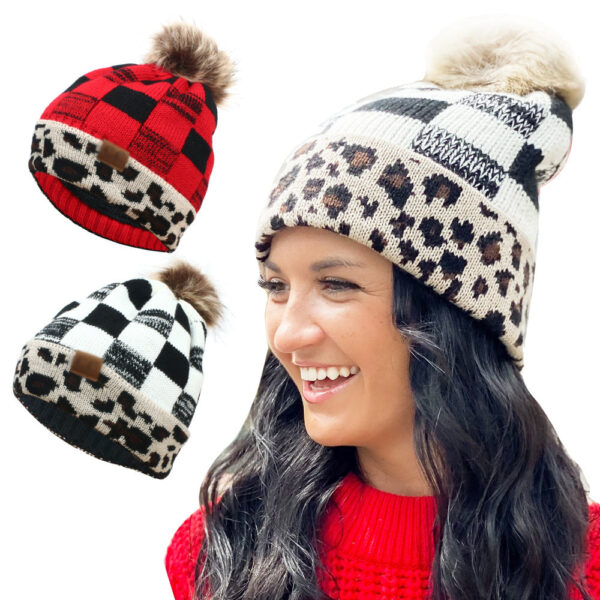 Wholesale Wool Ball Knitted Hat Leopard Plaid Autumn and Winter Warm Woolen Hat