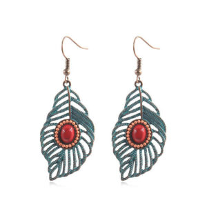Wholesale Bohemian Hollow Tree Leaf Inlaid Turquoise Drop Earrings