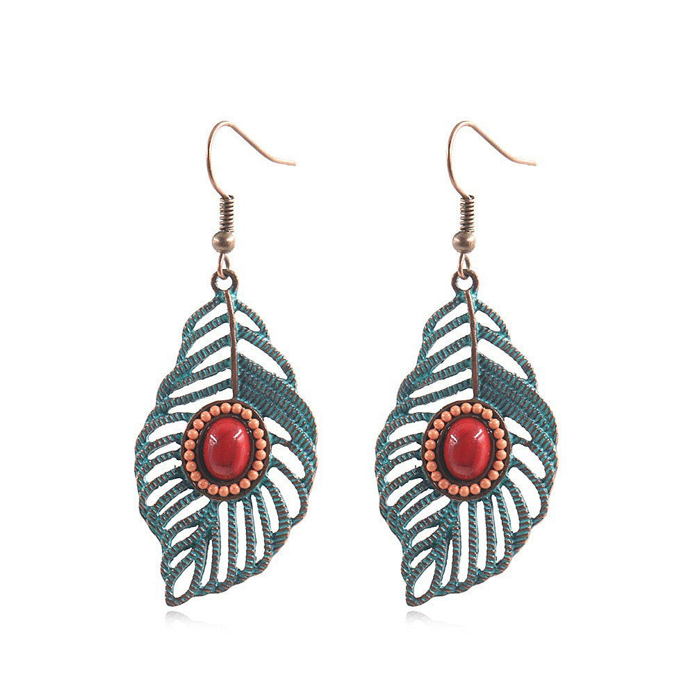 Wholesale Bohemian Hollow Tree Leaf Inlaid Turquoise op Earrings
